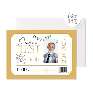 Ticket uitnodiging pensioen foto goud champagne slingers